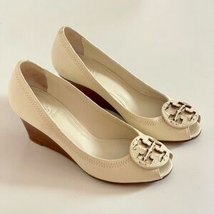 Tory Burch Sally Wedge Peep Toe Shoes with Logo - Cream